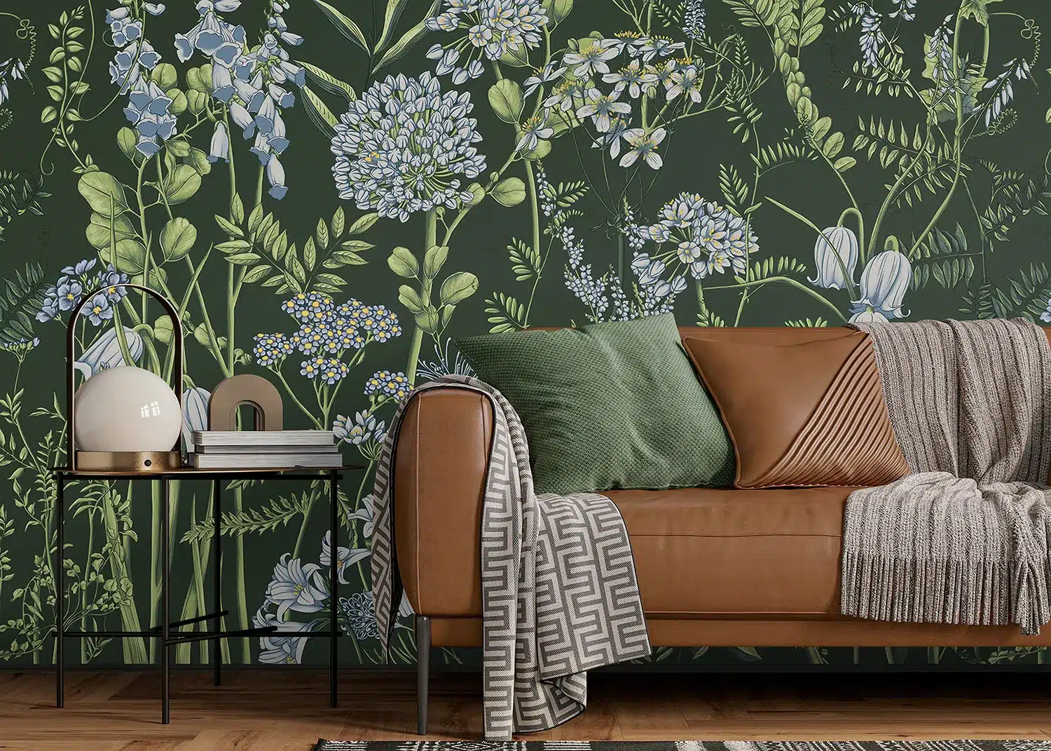 Custom Size Wall Mural Vetch Flowers on Olive Green | Premium Non-Woven Wallpaper | FT5P352403