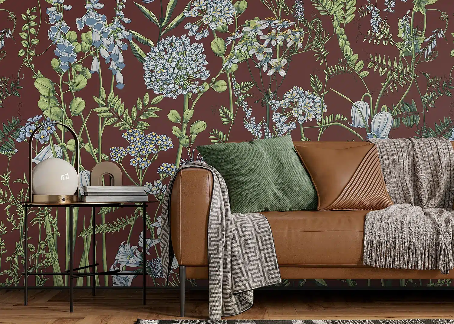 Custom Size Wall Mural Vetch Flowers on Burgundy Red | Premium Non-Woven Wallpaper | FT5P352409 4