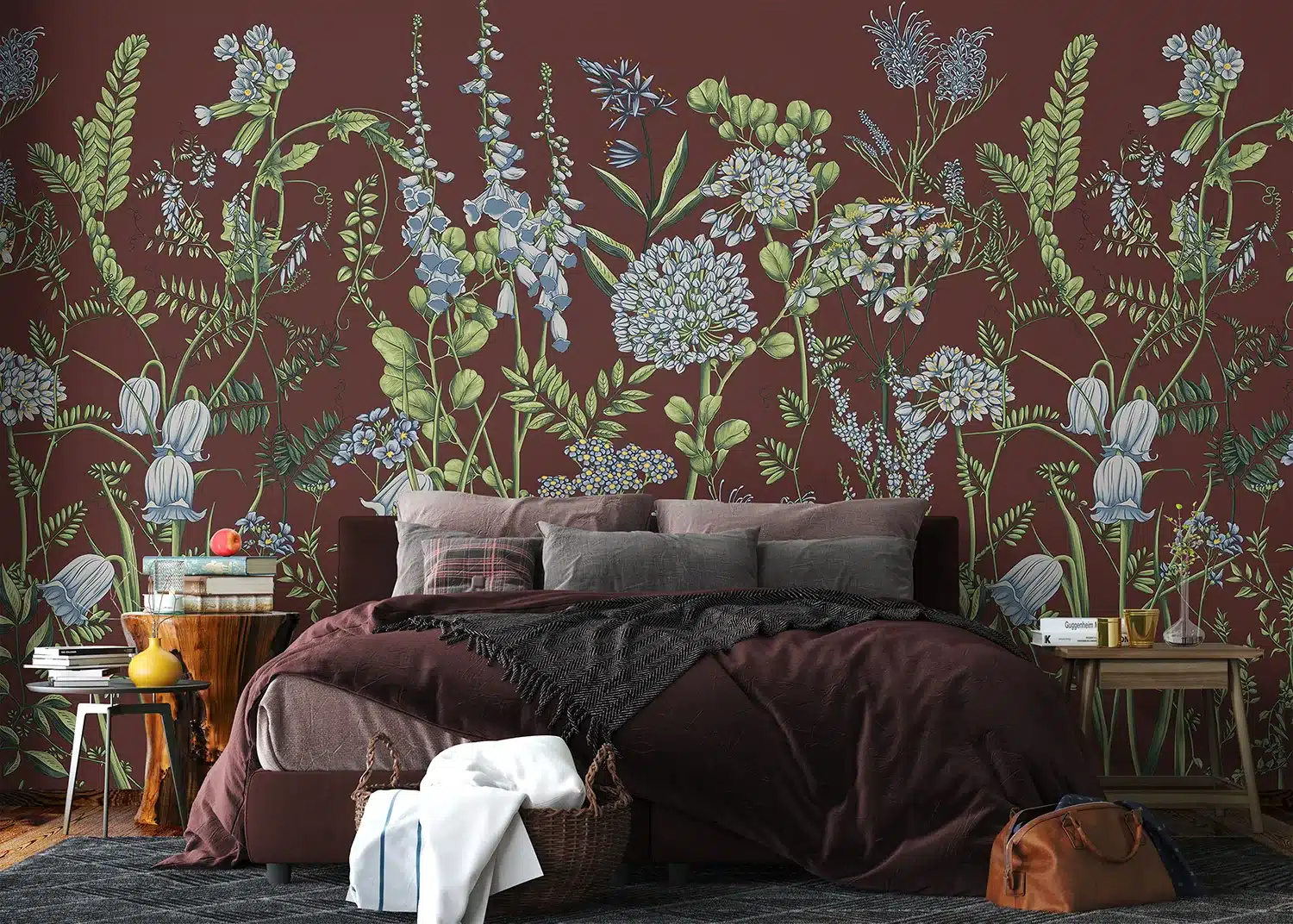 Custom Size Wall Mural Vetch Flowers on Burgundy Red | Premium Non-Woven Wallpaper | FT5P352409 2