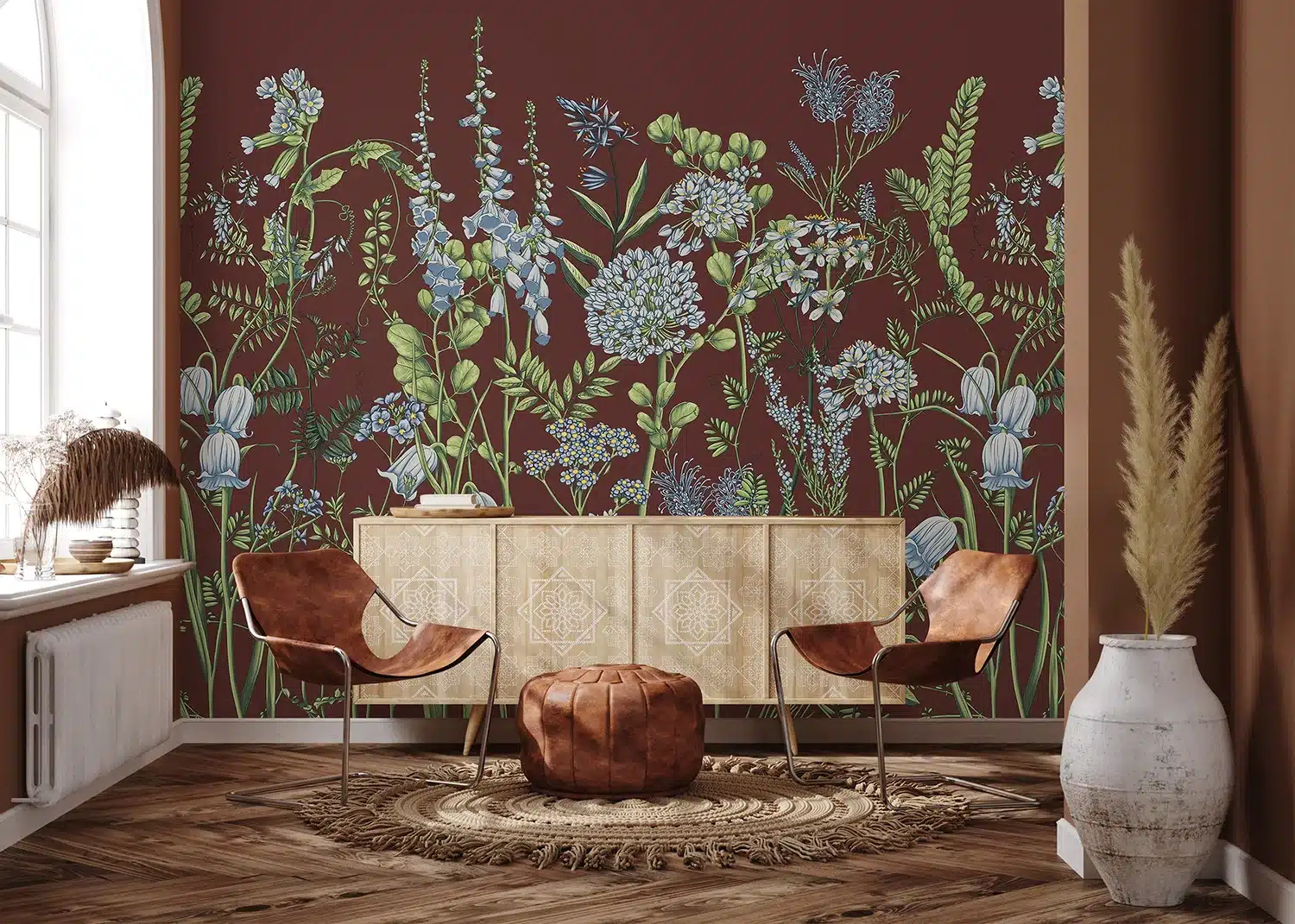 Custom Size Wall Mural Vetch Flowers on Burgundy Red | Premium Non-Woven Wallpaper | FT5P352409