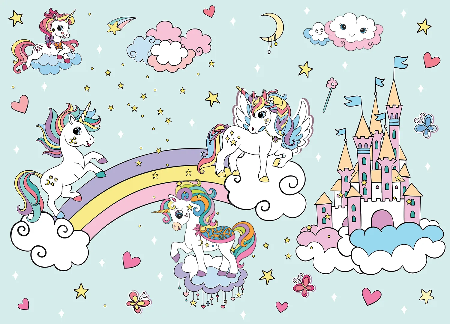 Custom Size Wall Mural Blue Unicorns in the Sky | Premium Non-Woven Wallpaper | FTD5P352025