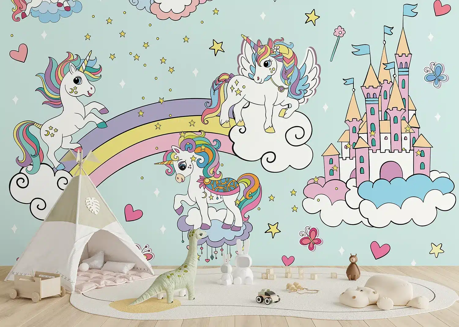 Custom Size Wall Mural Blue Unicorns in the Sky | Premium Non-Woven Wallpaper | FTD5P352025