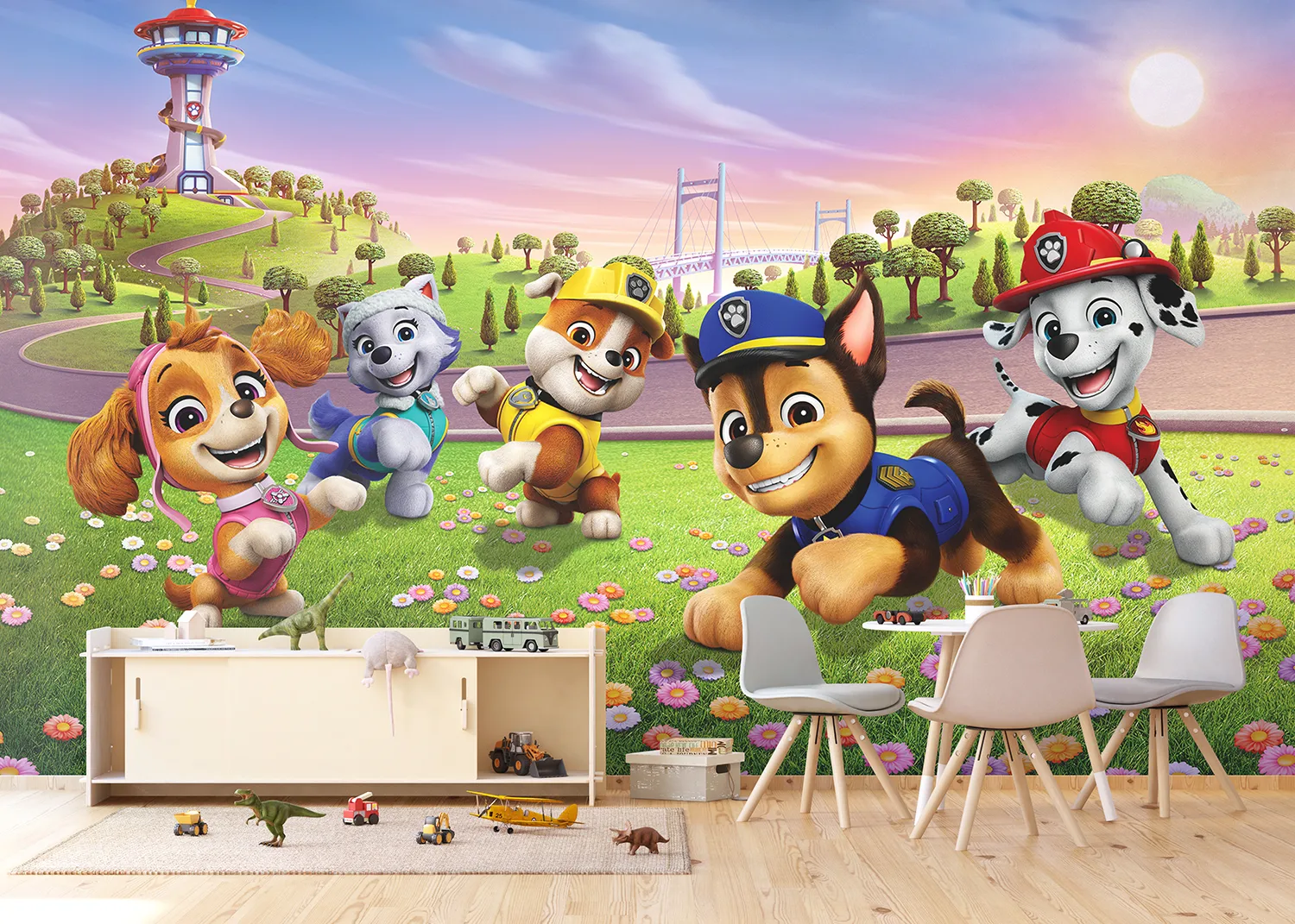 Custom Size Wall Mural Paw Patrol Pups on the Flower Field | Premium Non-Woven Wallpaper | FTD5P352283