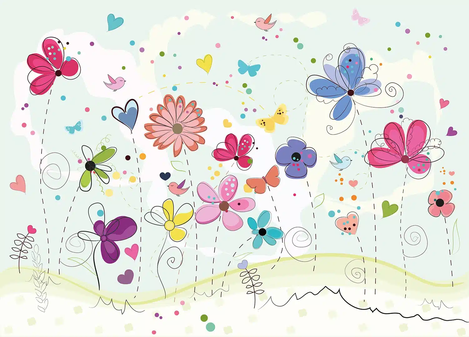Custom Size Wall Mural Colorful Flowers Doodle | Premium Non-Woven Wallpaper | FTD5P352373