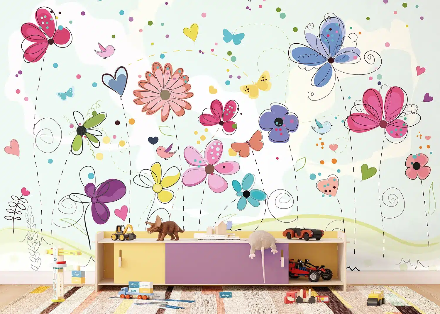 Custom Size Wall Mural Colorful Flowers Doodle | Premium Non-Woven Wallpaper | FTD5P352373 2