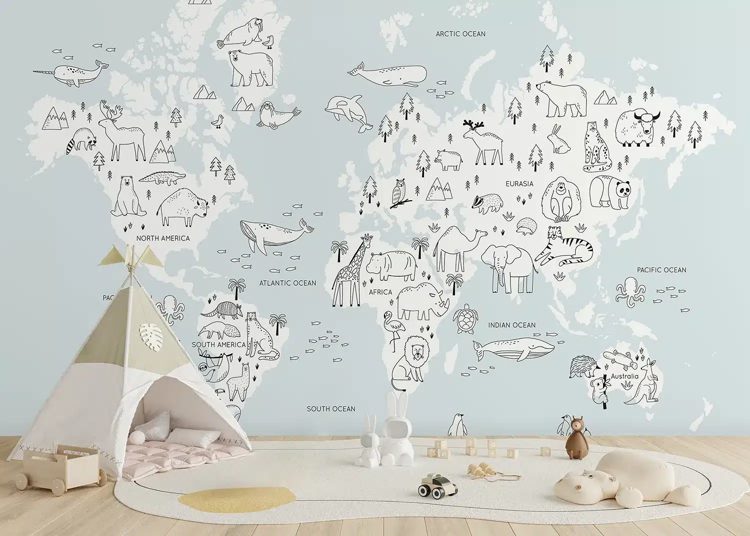 Custom Size Wall Mural Monochrome Animals World Map | Premium Non-Woven Wallpaper | FTD5P352441 2