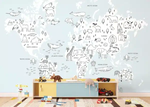 Custom Size Wall Mural Monochrome Animals World Map | Premium Non-Woven Wallpaper | FTD5P 352441