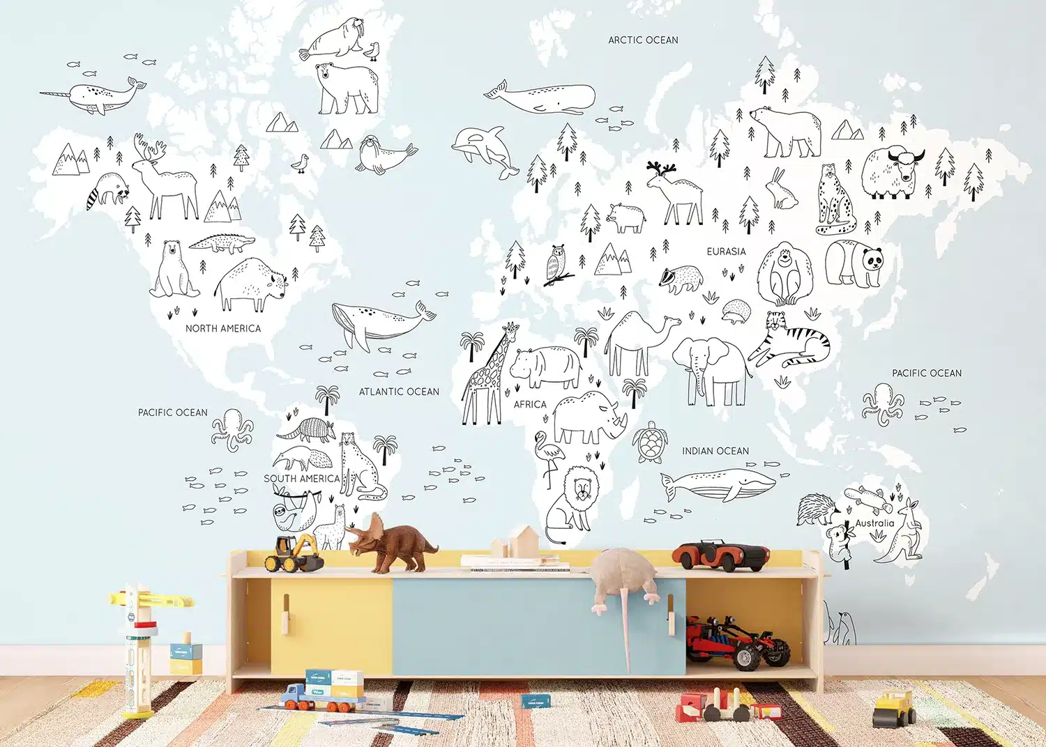 Custom Size Wall Mural Monochrome Animals World Map | Premium Non-Woven Wallpaper | FTD5P352441