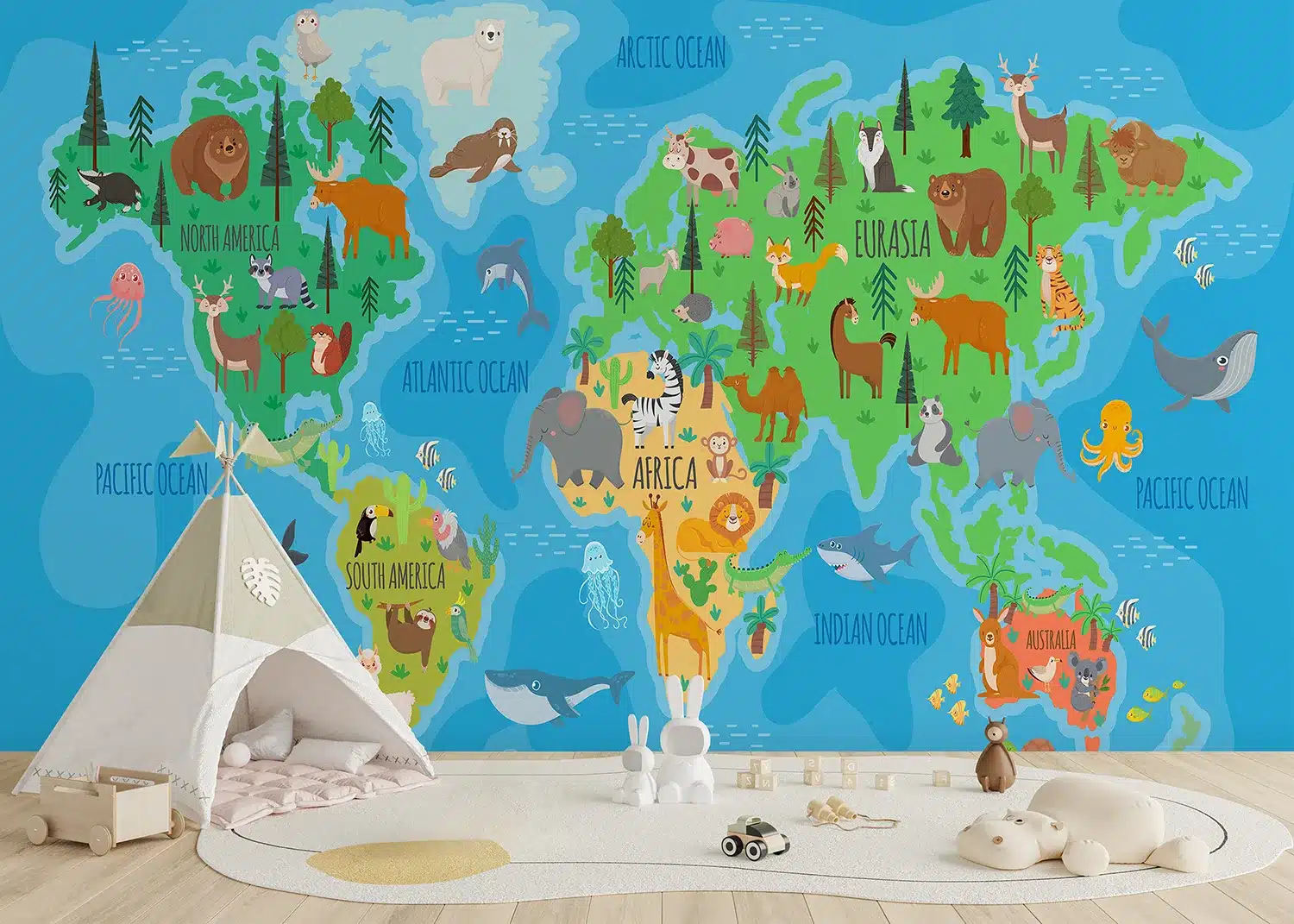 Custom Size Wall Mural Vivid Animals World Map | Premium Non-Woven Wallpaper | FTD5P352443
