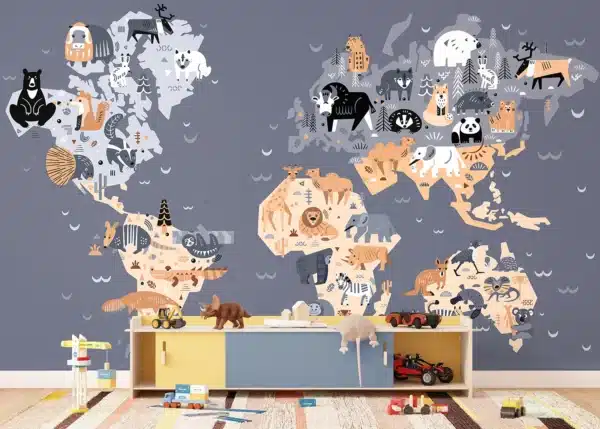 Custom Size Wall Mural Dark Animals World Map | Premium Non-Woven Wallpaper | FTD5P 352445