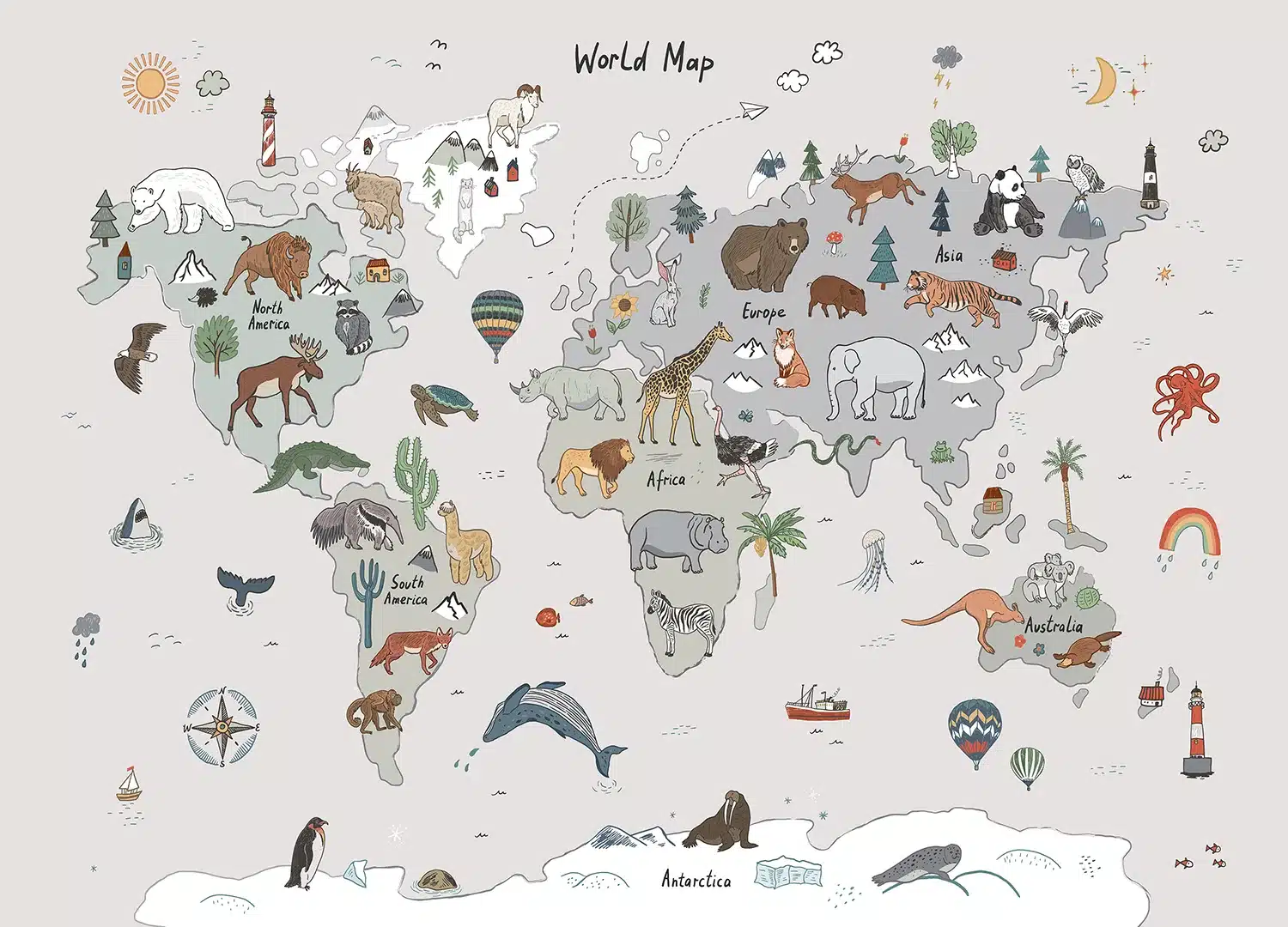 Custom Size Wall Mural Grey Animals World Map Doodle | Premium Non-Woven Wallpaper | FTD5P352449