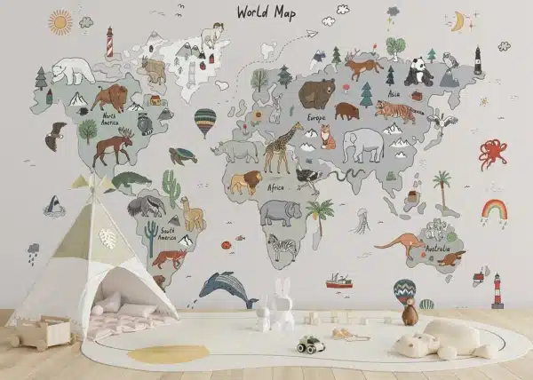 Custom Size Wall Mural Grey Animals World Map Doodle | Premium Non-Woven Wallpaper | FTD5P 352449