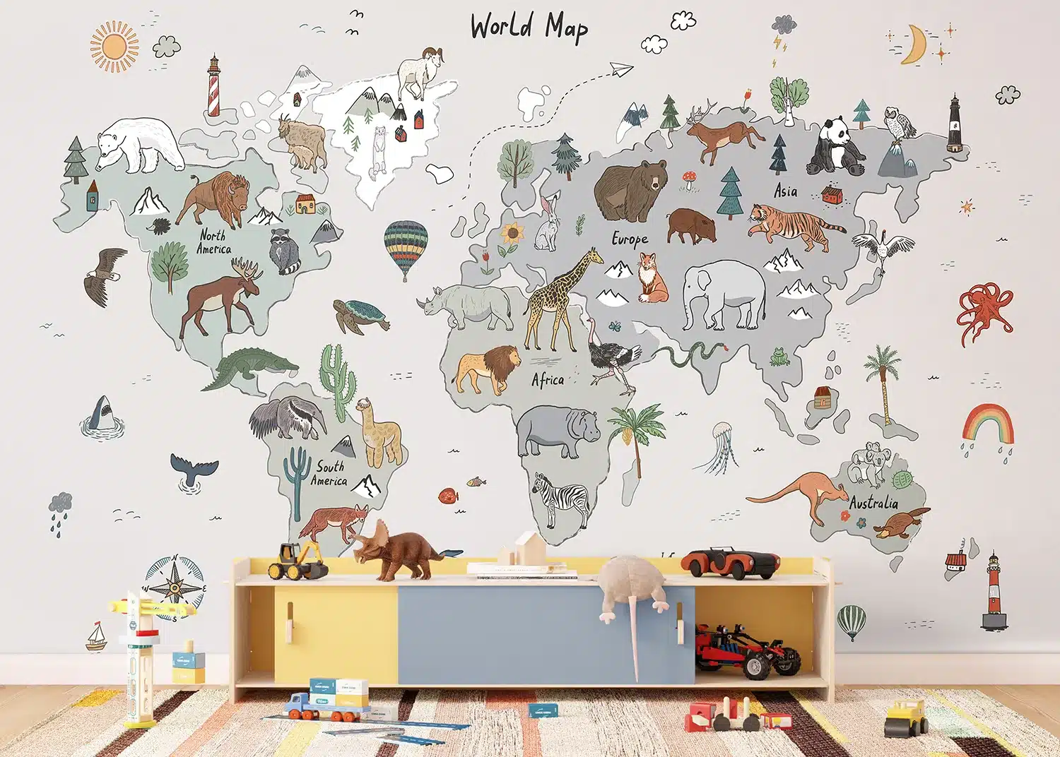 Custom Size Wall Mural Grey Animals World Map Doodle | Premium Non-Woven Wallpaper | FTD5P352449 2