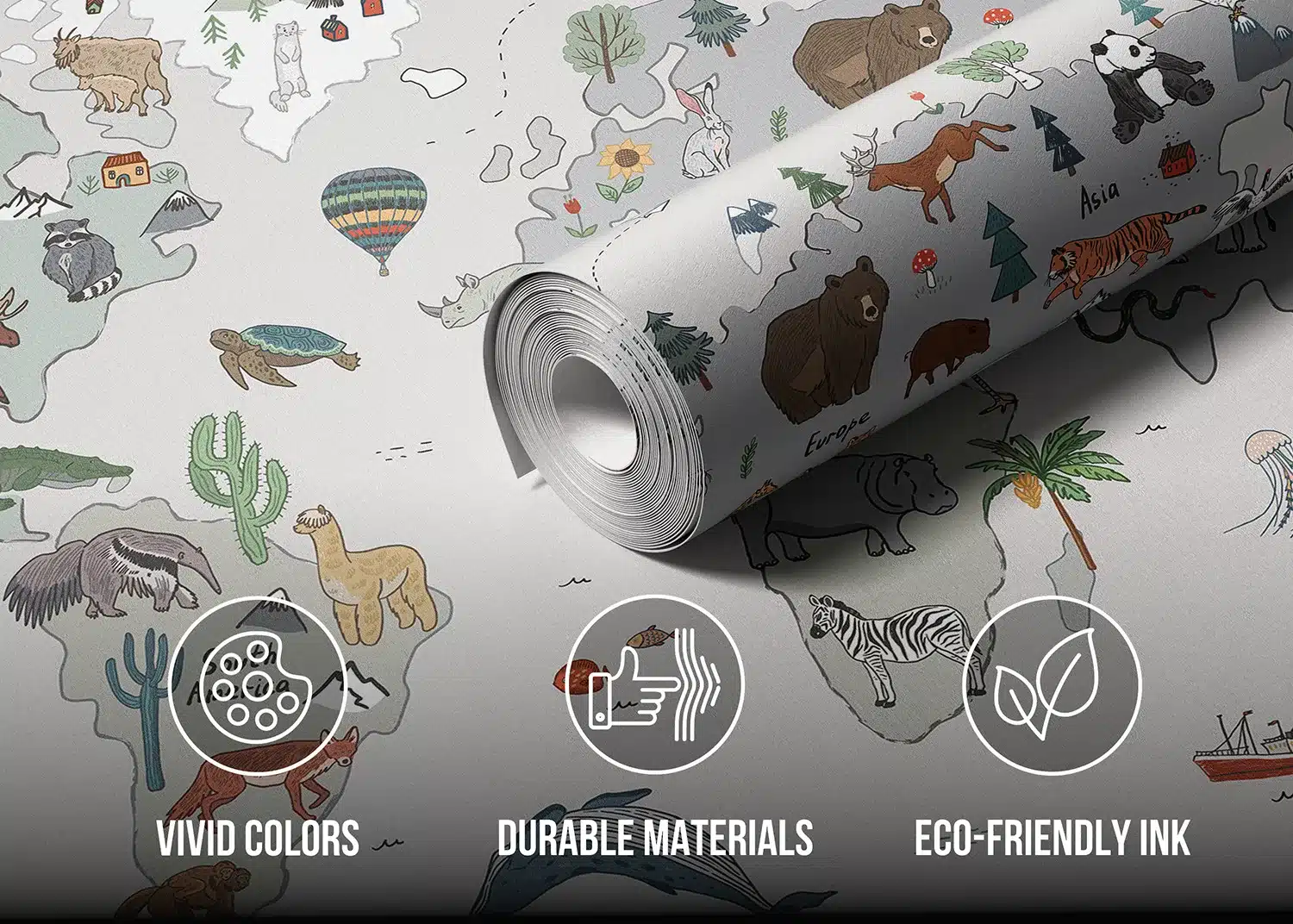 Custom Size Wall Mural Grey Animals World Map Doodle | Premium Non-Woven Wallpaper | FTD5P352449 3