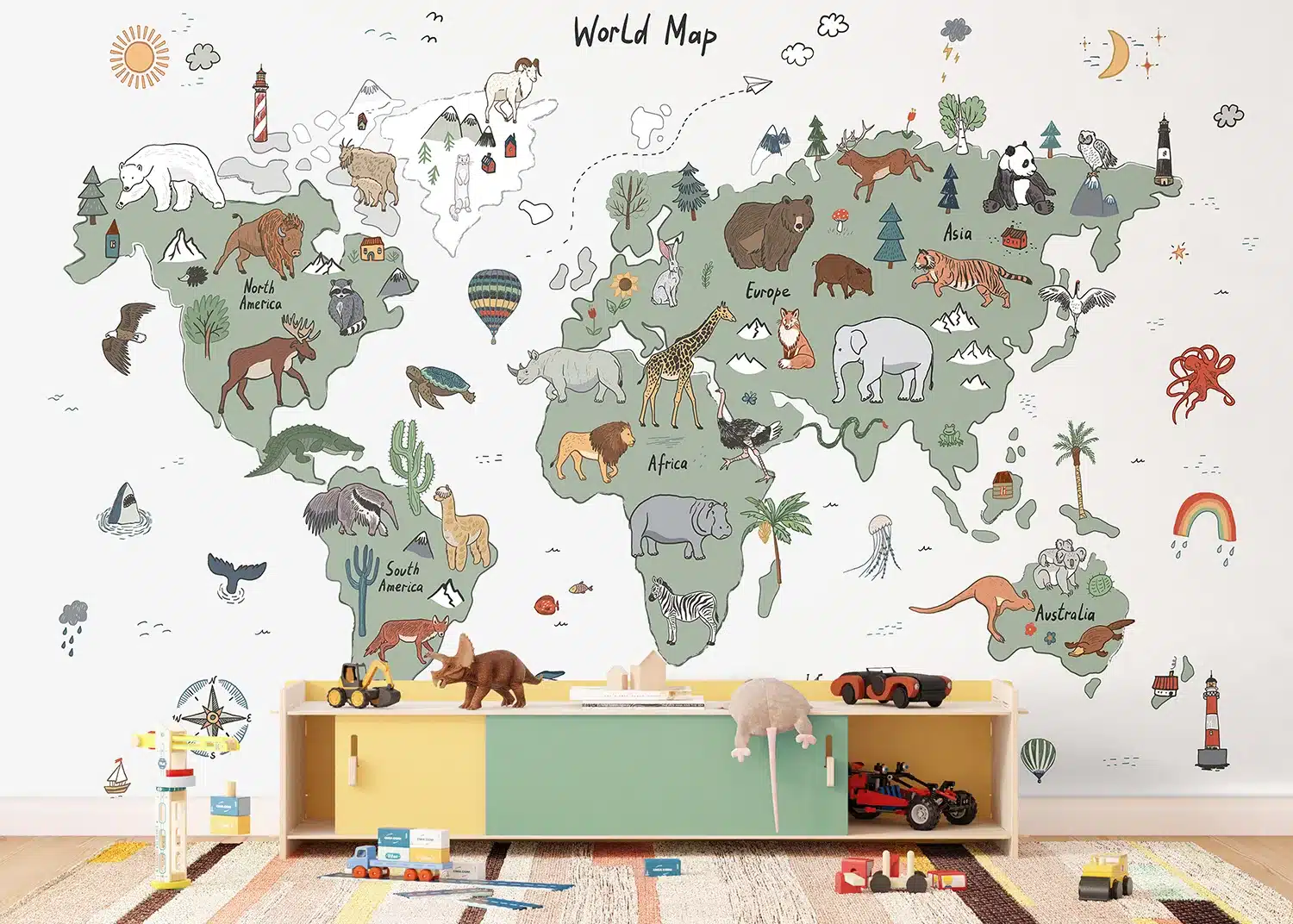 Custom Size Wall Mural Green & Grey Animals World Map Doodle | Premium Non-Woven Wallpaper | FTD5P352451