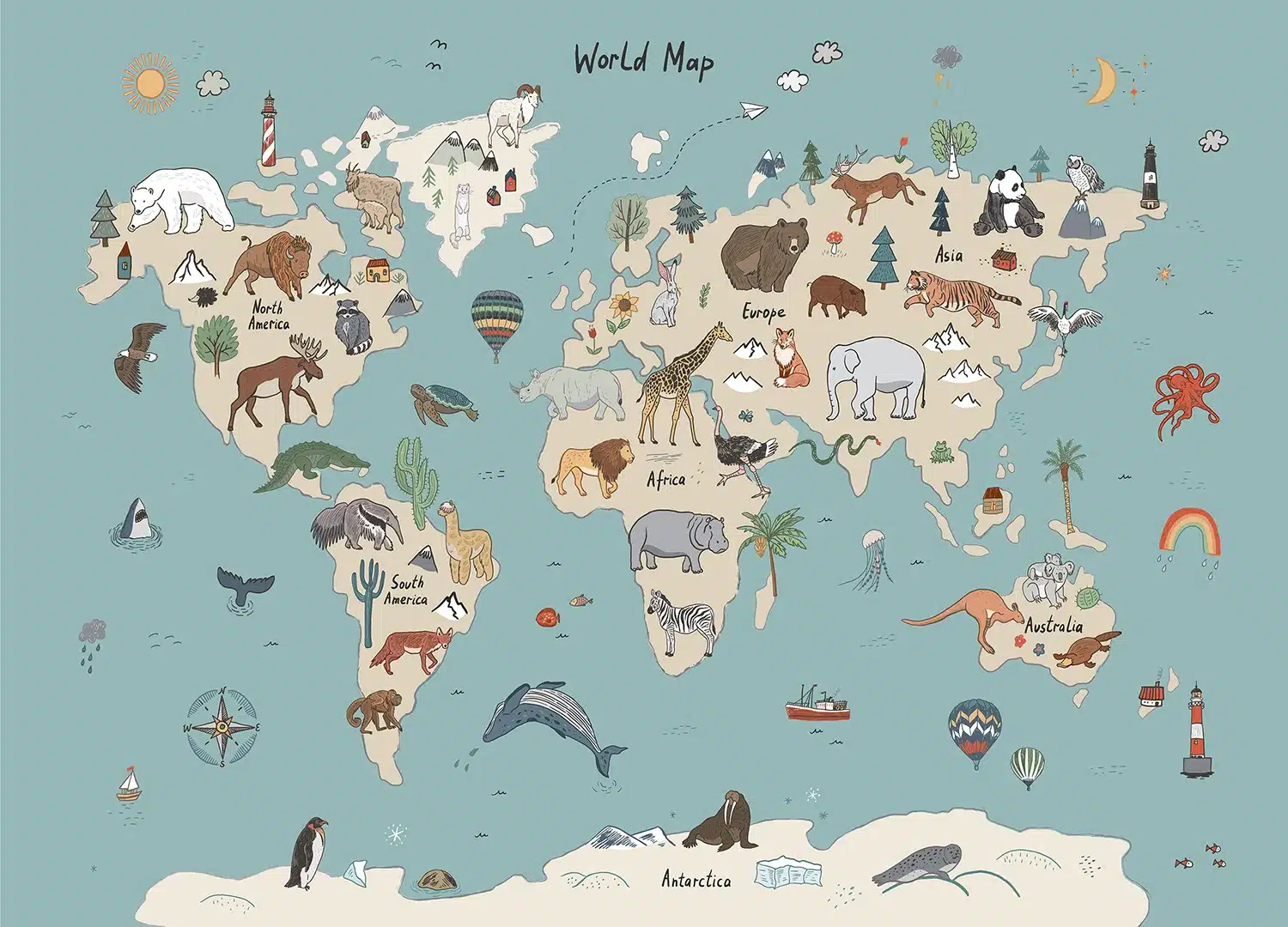 Custom Size Wall Mural Beige & Blue Animals World Map Doodle | Premium Non-Woven Wallpaper | FTD5P352453