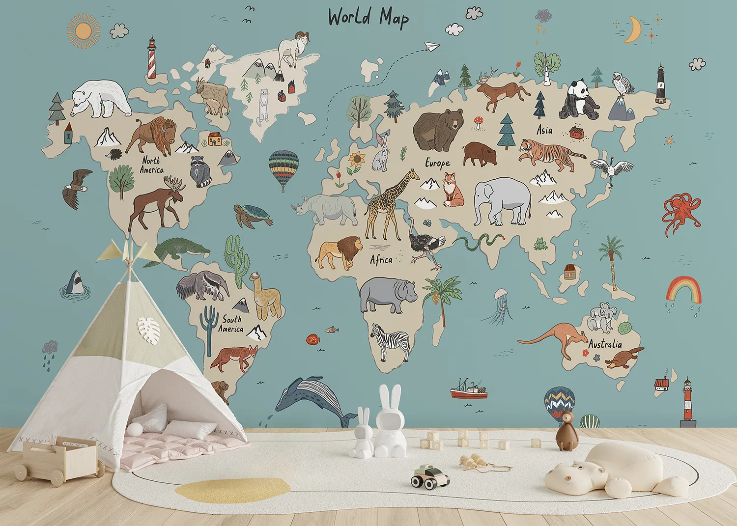 Custom Size Wall Mural Beige & Blue Animals World Map Doodle | Premium Non-Woven Wallpaper | FTD5P352453