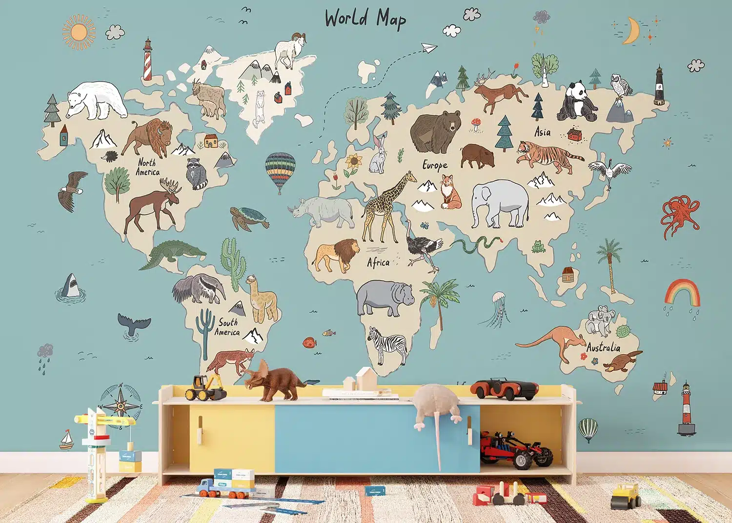 Custom Size Wall Mural Beige & Blue Animals World Map Doodle | Premium Non-Woven Wallpaper | FTD5P352453 2