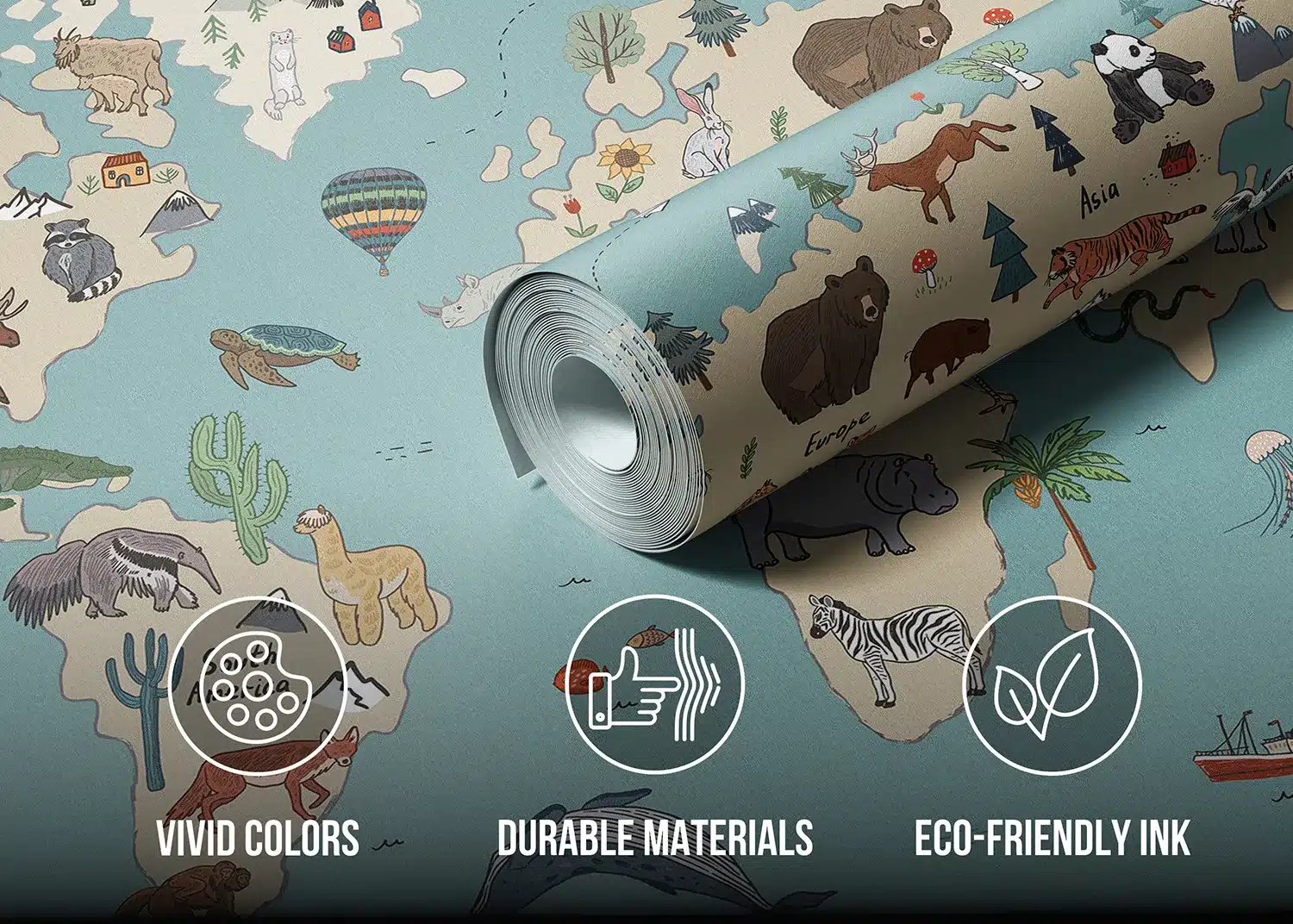 Custom Size Wall Mural Beige & Blue Animals World Map Doodle | Premium Non-Woven Wallpaper | FTD5P352453 3