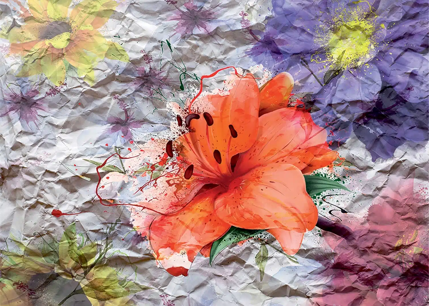 Custom Size Wall Mural Flowers on Crumpled Paper | Premium Non-Woven Wallpaper | FTNXXL1223